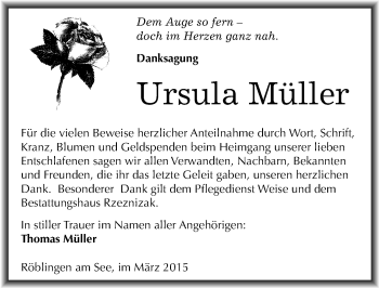 Traueranzeige von Ursula Müller von Mitteldeutsche Zeitung Mansfelder Land