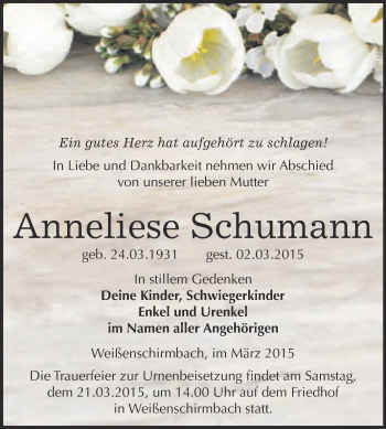 Traueranzeige von Anneliese Schumann von WVG - Wochenspiegel Merseburg