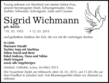 Traueranzeige von Sigrid Wichmann von Mitteldeutsche Zeitung Naumburg/Nebra