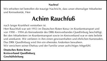 Traueranzeige von Achim Rauchfuß von Mitteldeutsche Zeitung Quedlinburg