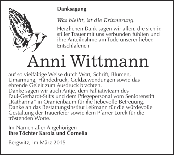 Traueranzeige von Anni Wittmann von WVG - Wochenspiegel Wittenberg