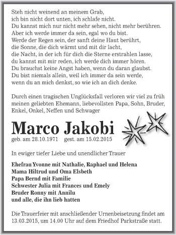 Traueranzeige von Marco Jakobi von Super Sonntag Bernburg