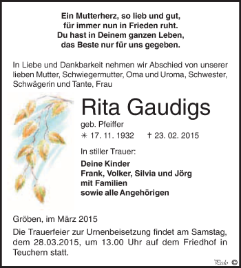 Traueranzeige von Rita Gaudigs von WVG - Wochenspiegel NMB / WSF / ZTZ