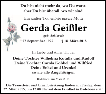 Traueranzeige von Gerda Geißler von WVG - Wochenspiegel Quedlinburg
