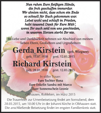 Traueranzeige von Gerda und Richard Kirstein von Super Sonntag Zeitz