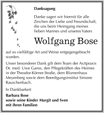 Traueranzeige von Wolfgang Bose von Mitteldeutsche Zeitung Naumburg/Nebra
