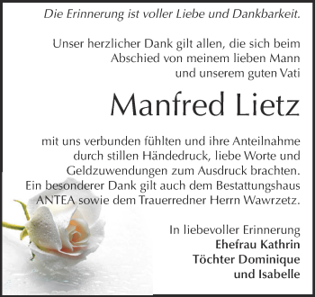 Traueranzeige von Manfred Lietz von Super Sonntag Zeitz
