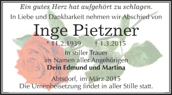 Traueranzeige von Inge Pietzner von Super Sonntag Wittenberg