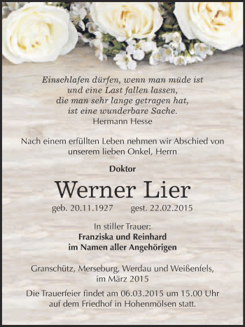 Traueranzeige von Werner Lier von WVG - Wochenspiegel NMB / WSF / ZTZ