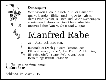 Traueranzeige von Manfred Rabe von Mitteldeutsche Zeitung Wittenberg