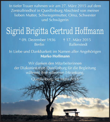 Traueranzeige von Sigrid Brigitta Gertrud Hoffmann von Super Sonntag Quedlinburg