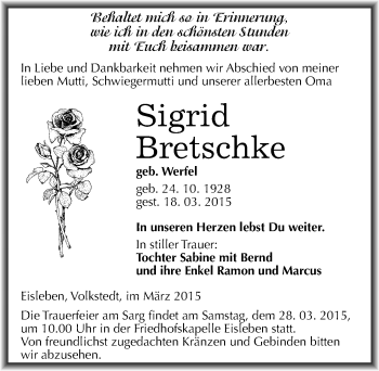 Traueranzeige von Sigrid Bretschke von Mitteldeutsche Zeitung Mansfelder Land