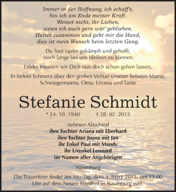 Traueranzeige von Stefanie Schmidt von Mitteldeutsche Zeitung Naumburg/Nebra