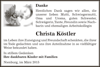 Traueranzeige von Christa Köstler von Super Sonntag Bernburg