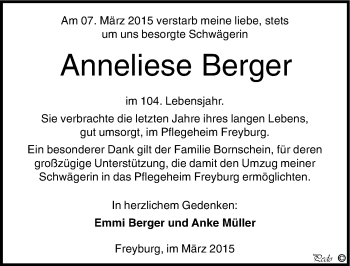 Traueranzeige von Anneliese Berger von Mitteldeutsche Zeitung Naumburg/Nebra