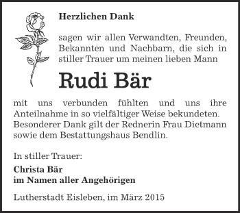 Traueranzeige von Rudi Bär von WVG - Wochenspiegel SGH
