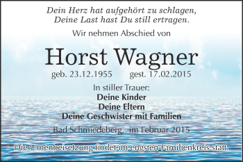 Traueranzeige von Horst Wagner von WVG - Wochenspiegel Wittenberg