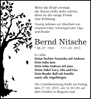 Traueranzeige von Bernd Nitsche von Mitteldeutsche Zeitung Wittenberg