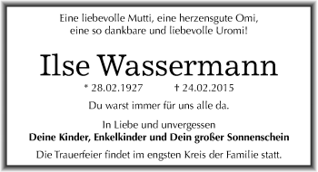Traueranzeige von Ilse Wassermann von Mitteldeutsche Zeitung Dessau-Roßlau