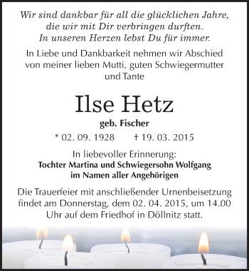 Traueranzeige von Ilse Hetz von Mitteldeutsche Zeitung Merseburg/Querfurt
