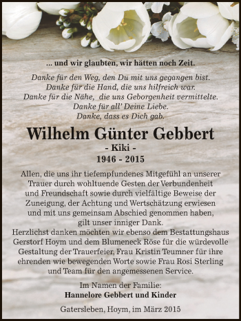 Traueranzeige von Wilhelm Günter Gebbert von Super Sonntag Aschersleben