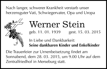Traueranzeige von Werner Stein von Mitteldeutsche Zeitung Merseburg/Querfurt
