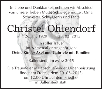 Traueranzeige von Christel Ohlendorf von Mitteldeutsche Zeitung Quedlinburg