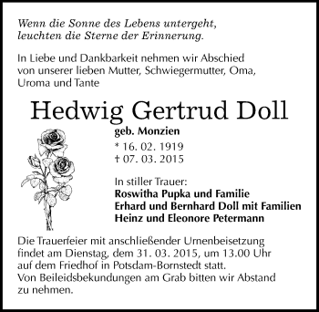 Traueranzeige von Hedwig Gertrud Doll von Mitteldeutsche Zeitung Quedlinburg