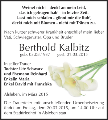 Traueranzeige von Berthold Kalbitz von Super Sonntag Bernburg
