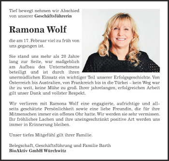 Traueranzeige von Ramona Wolf von Super Sonntag Zeitz