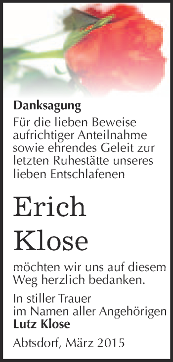 Traueranzeige von Erich Klose von Super Sonntag Wittenberg