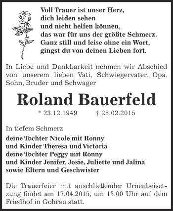 Traueranzeige von Roland Bauerfeld von WVG - Wochenspiegel Dessau / Köthen