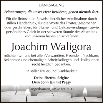 Traueranzeige von Joachim Waligora von Super Sonntag SGH Mansf. Land