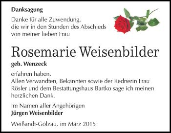 Traueranzeige von Rosemarie Weisenbilder von WVG - Wochenspiegel Dessau / Köthen