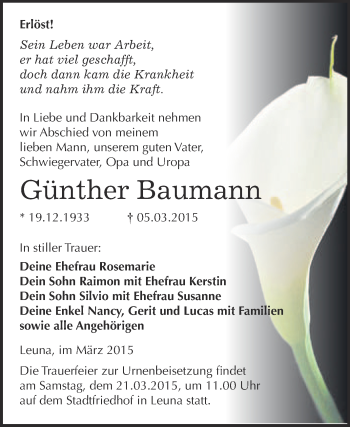 Traueranzeige von Günther Baumann von Super Sonntag Merseburg