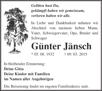 Traueranzeige von Günter Jänsch von WVG - Wochenspiegel Bitterfeld