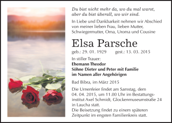 Traueranzeige von Elsa Parsche von Mitteldeutsche Zeitung Naumburg/Nebra