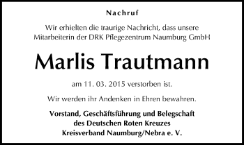 Traueranzeige von Marlis Trautmann von Mitteldeutsche Zeitung Naumburg/Nebra