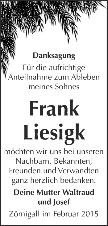 Traueranzeige von Frank Liesigk von Super Sonntag Wittenberg