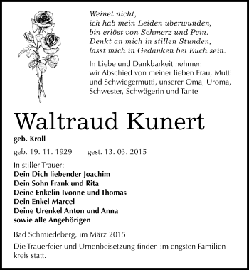 Traueranzeige von Waltraud Kunert von Mitteldeutsche Zeitung Wittenberg