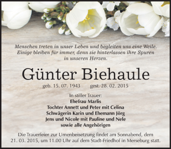Traueranzeige von Günter Biehaule von Mitteldeutsche Zeitung Merseburg/Querfurt