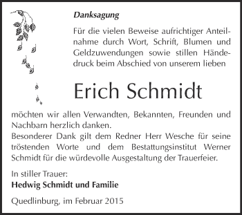 Traueranzeige von Erich Schmidt von WVG - Wochenspiegel Quedlinburg