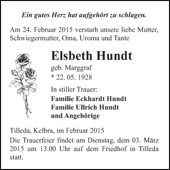 Traueranzeige von Elsbeth Hundt von Super Sonntag SGH Mansf. Land
