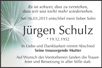 Traueranzeige von Jürgen Schulz von WVG - Wochenspiegel Dessau / Köthen