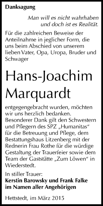 Traueranzeige von Hans-Joachim Marquardt von Mitteldeutsche Zeitung Mansfelder Land