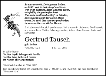Traueranzeige von Gertrud Tausch von Mitteldeutsche Zeitung Naumburg/Nebra