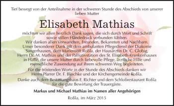 Traueranzeige von Elisabeth Mathias von Mitteldeutsche Zeitung Sangerhausen