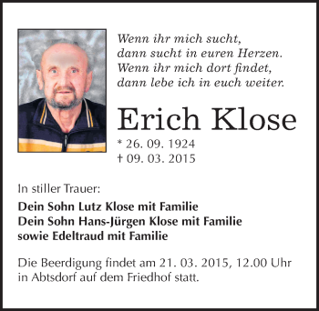 Traueranzeige von Erich Klose von Mitteldeutsche Zeitung Wittenberg