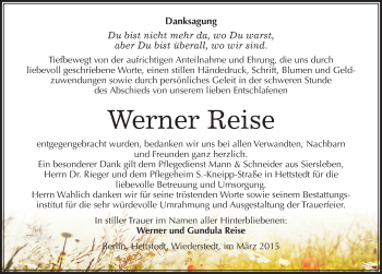 Traueranzeige von Werner Reise von Mitteldeutsche Zeitung Mansfelder Land