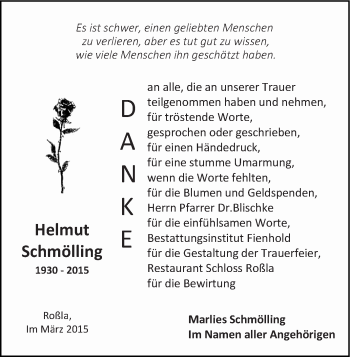 Traueranzeige von Helmut Schmölling von Super Sonntag SGH Mansf. Land